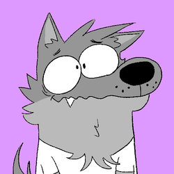 A digital illustration of a hopeful yet goofy-looking gray cartoon wolf in front of a lavender background.