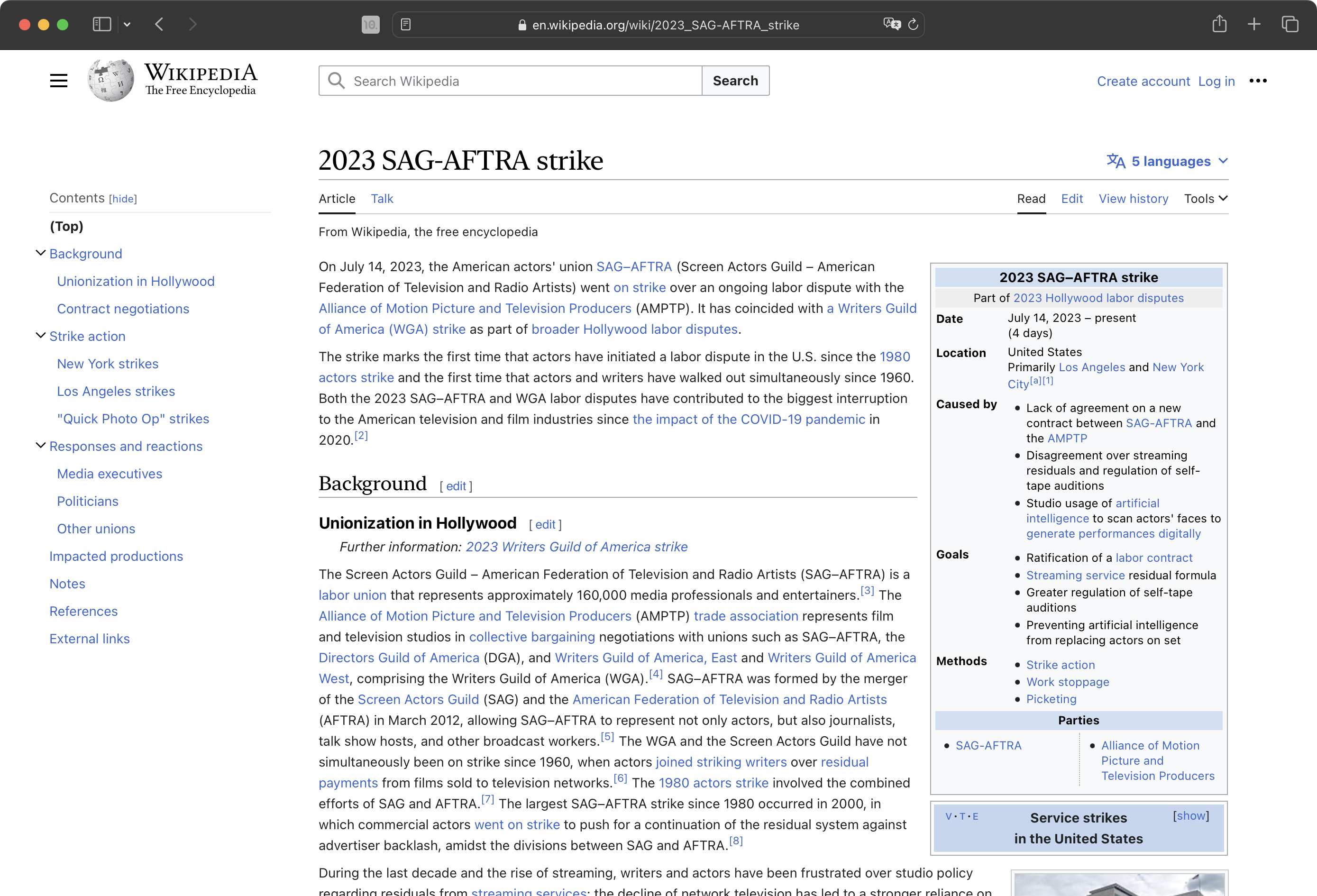 A screenshot of the 2023 SAG-AFTRA strike article on Wikipedia open in Safari, with macOS font dilation disabled. The text has a neutral weight.